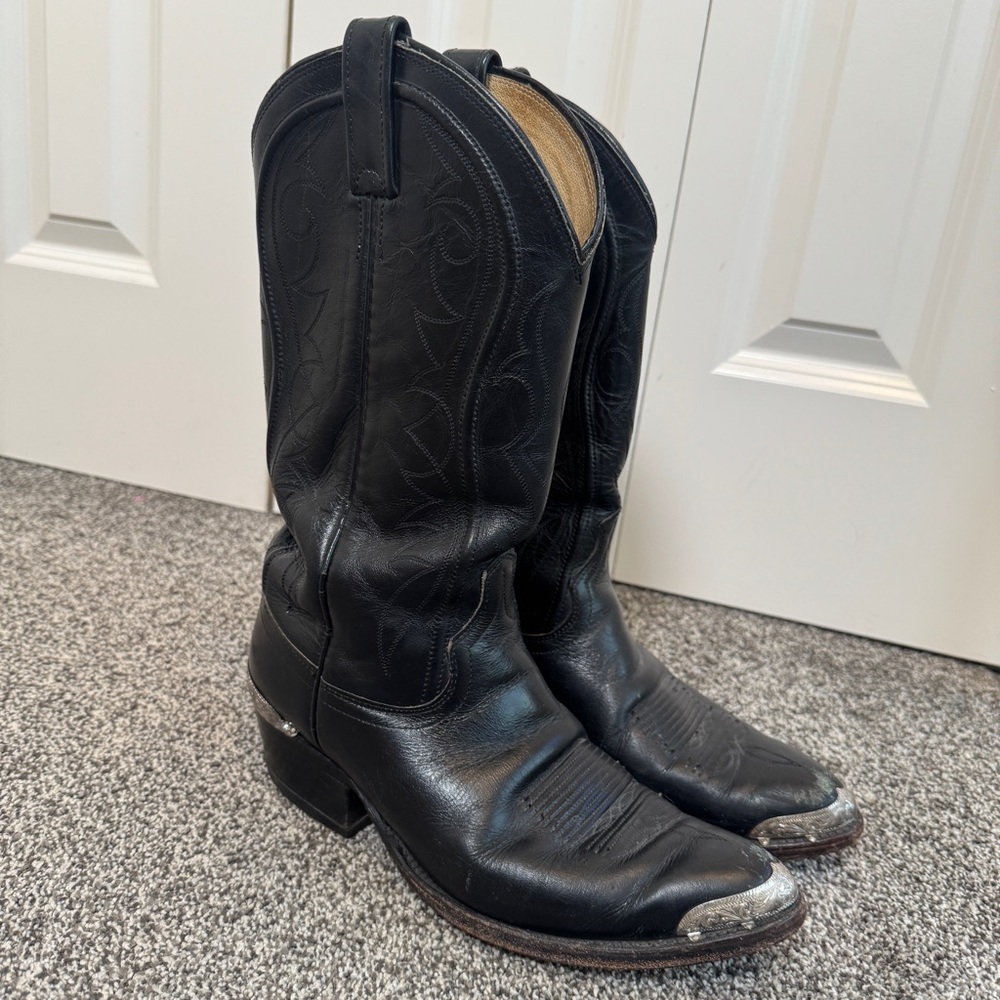 Vintage 90s Dan Post Black Leather Western Cowboy Boots Metal Toe Men 8